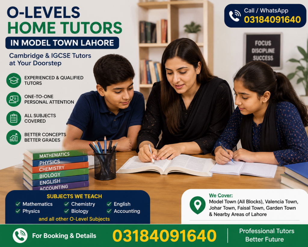 Female O-Level home tutor teaching students in Model Town Lahore