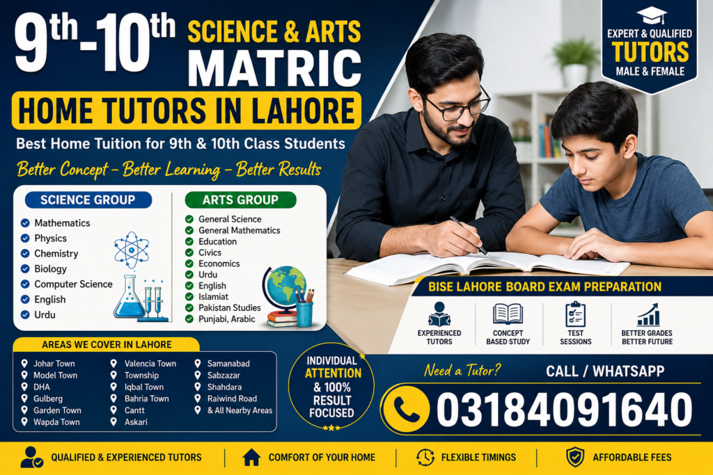 9th-10th Science Arts Matric home tutors in Lahore with contact number 03184091640