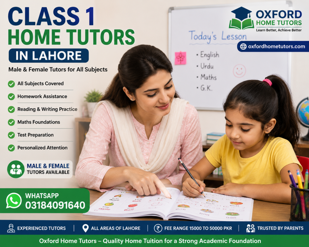 Class 1 home tutors in Lahore for male and female home tuition