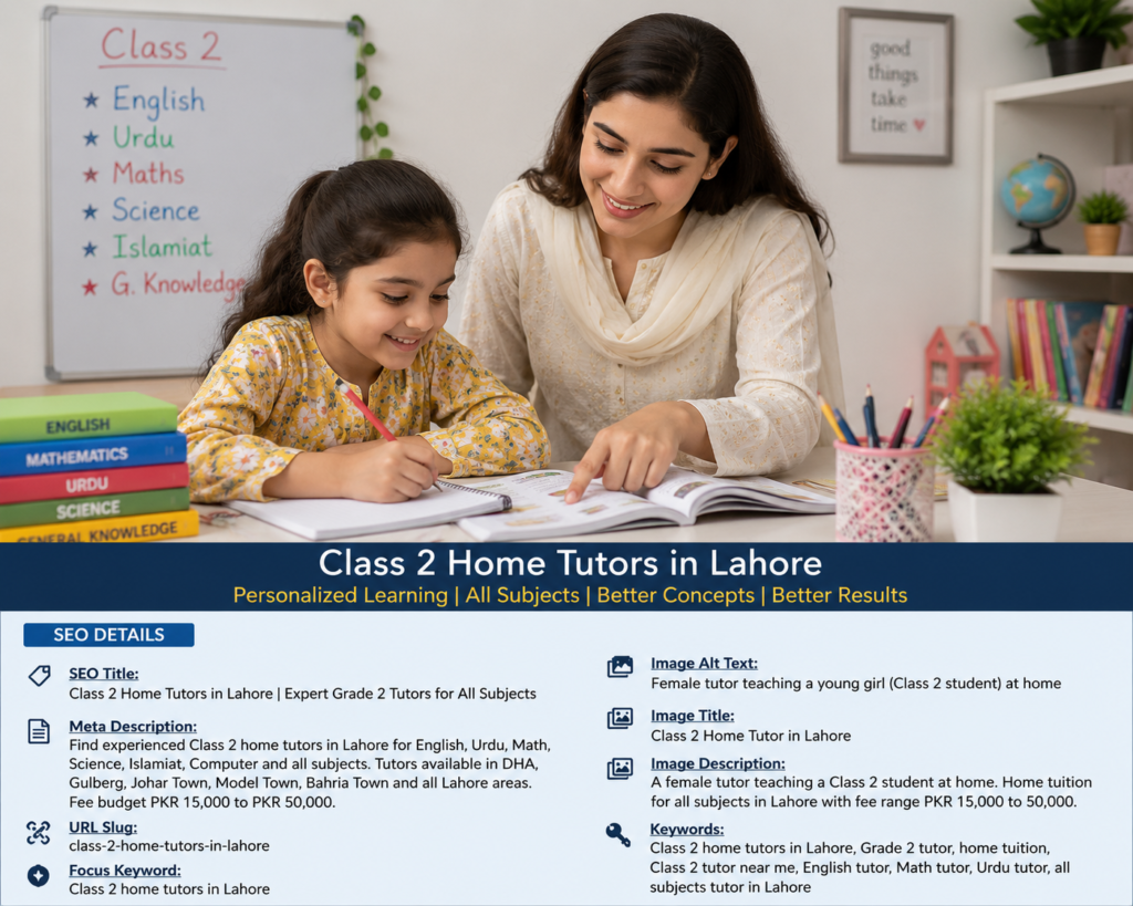 Female home tutor teaching a Class 2 student in Lahore for all subjects by Oxford Home Tutors