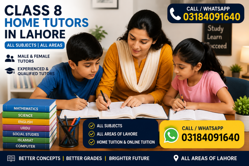 Class 8 home tutors in Lahore teacher teaching 2 kids Maths Science English and Social Studies
