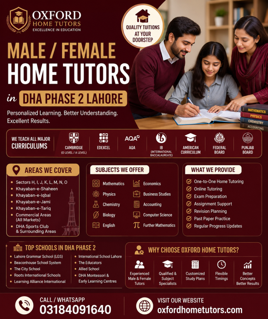 Professional male and female home tutors in DHA Phase 2 Lahore providing home tuition for Matric, Intermediate, O Level, A Level, IGCSE, and IB students near DHA Phase 2 schools.