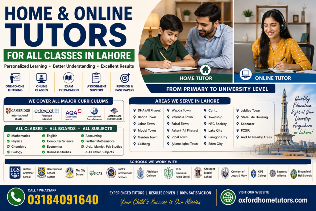 Home and Online Tutors for All Classes in Lahore by Oxford Home Tutors providing expert private tutors for Cambridge, Edexcel, AQA, IB, American Curriculum, Matric, Intermediate, all subjects, and all major areas of Lahore. Call 03184091640.