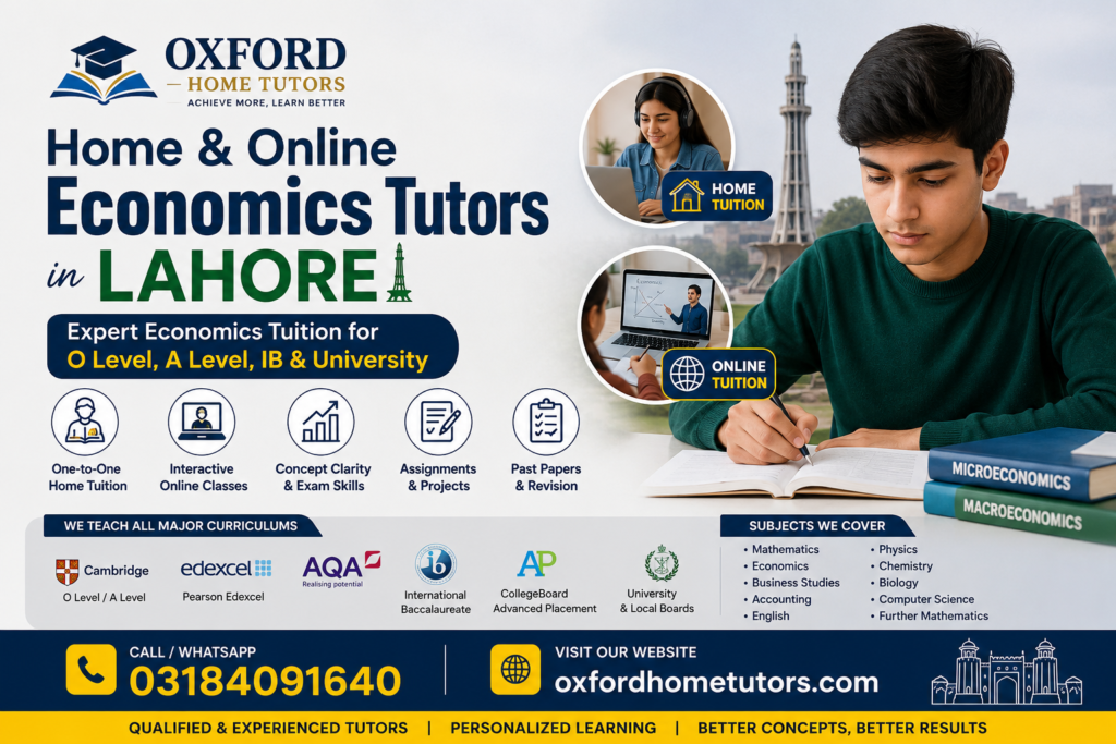 Home & Online Economics Tutors in Lahore providing expert Economics tuition for O Level, A Level, IB, Edexcel, AQA, university, and board students by Oxford Home Tutors.