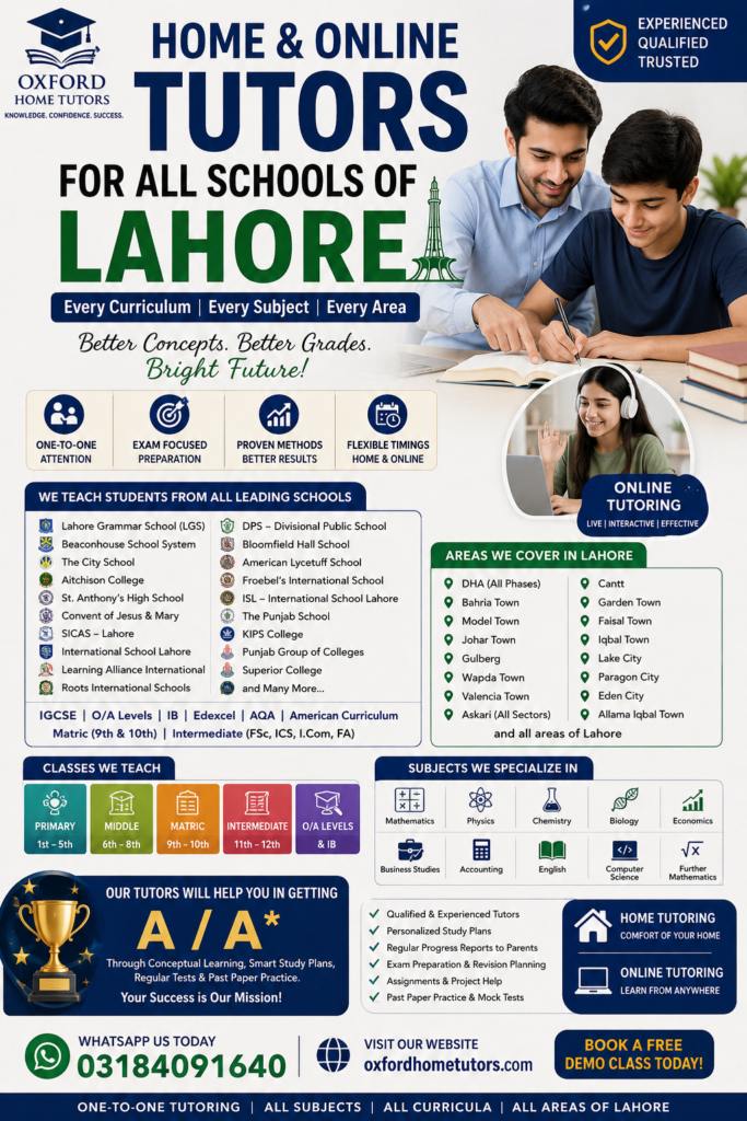 Home and online tutors for all schools of Lahore by Oxford Home Tutors offering one-to-one home tuition and online tutoring for Cambridge, Edexcel, AQA, IB, American Curriculum, Matric, Intermediate, and all major schools across DHA, Bahria Town, Gulberg, Johar Town, Model Town, and all areas of Lahore.