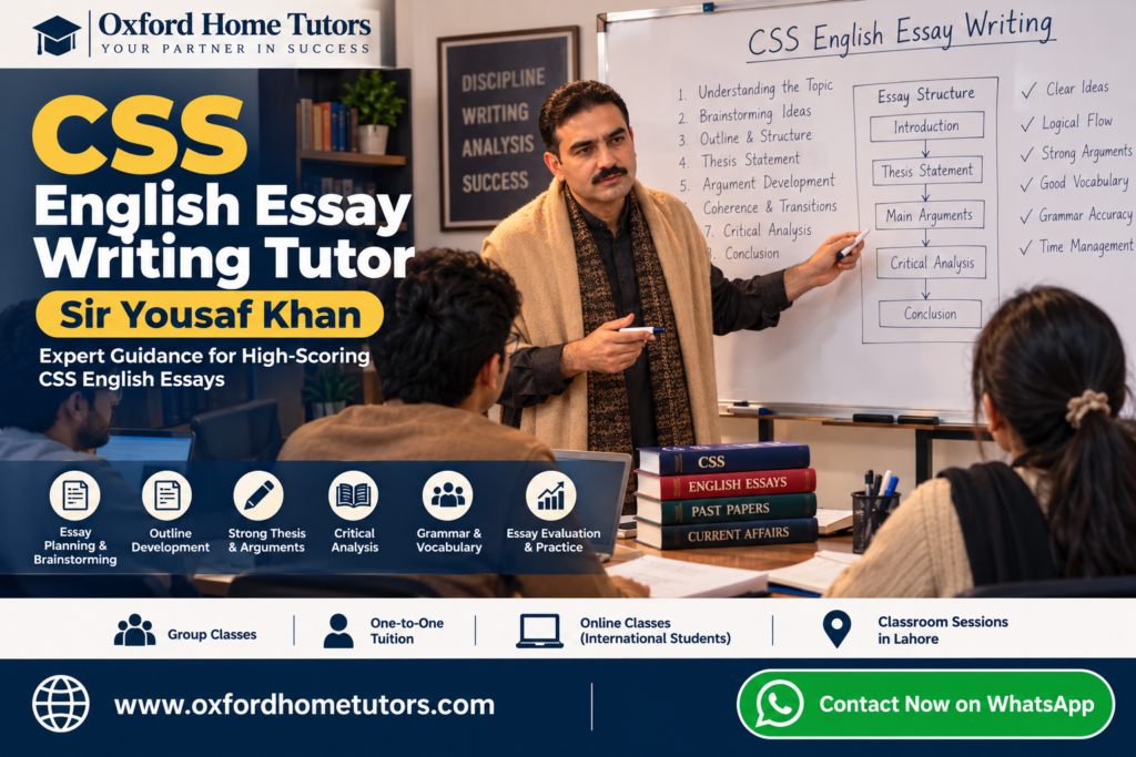 CSS English Essay Writing Tutor Sir Yousaf Khan teaching students in a classroom in Lahore